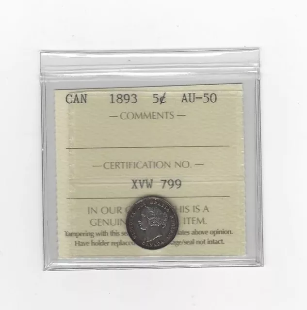 1893 ICCS Graded Canadian,  ¢5 Cent, **AU-50**