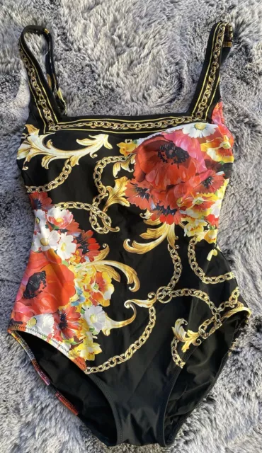 Gottex Floral Gold Chain One Piece Square Neck Swimsuit Size 8