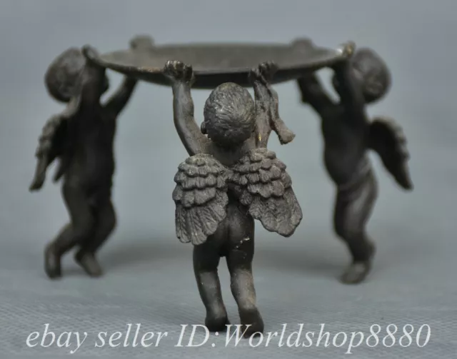 3" Old Chinese Copper Dynasty 3 Angel Tongzi Tray Plate Statue Sculpture