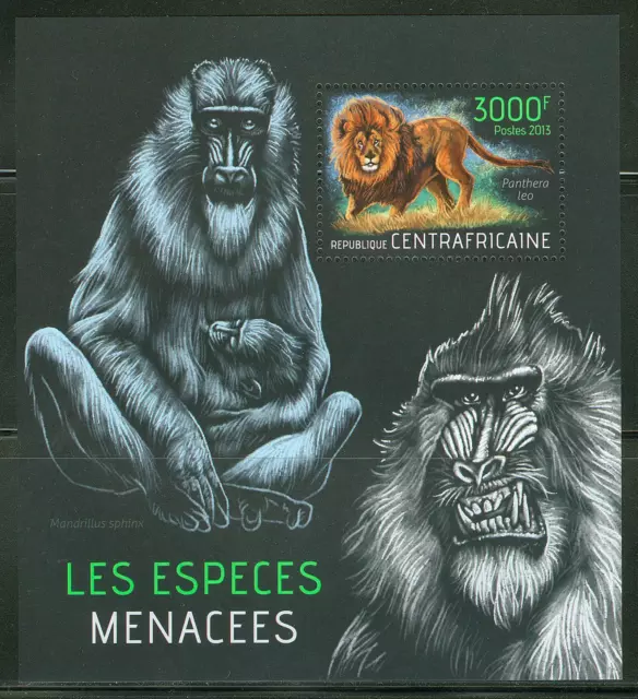 Central Africa  2013 Endangered Species  Monkey Lion  Souvenir Sheet