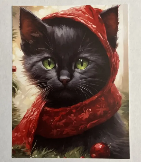 BEAUTIFUL BLACK KITTEN CAT CHRISTMAS SCARF POSTCARD ART PRINT 4 1/4"x5.5”