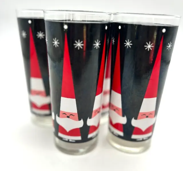 Vtg 4 MCM Dairy Q Howard Libbey Christmas Santa 6.5”Glasses Starburst