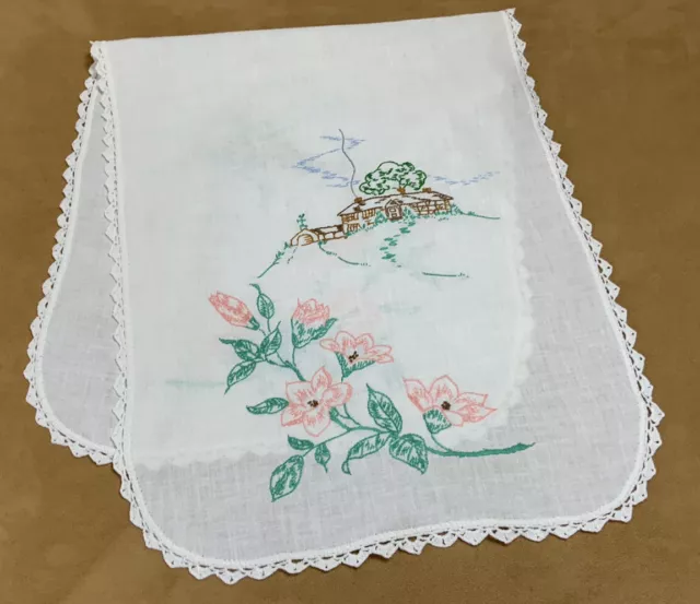 Vintage Dresser Scarf, Flower & Leaf Embroidery, Country House, Cotton, White