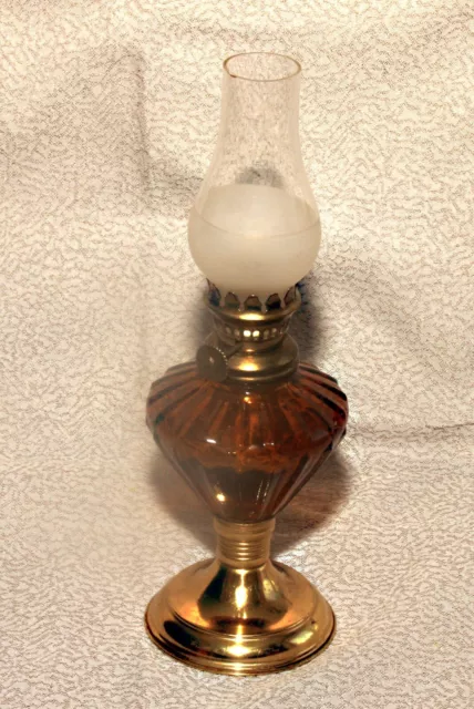 Vintage 10" Mini Oil Hurricane Lamp Amber Glass & Metal Base Made In Hong Kong