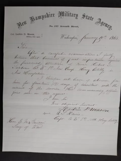 New Hampshire Civil War: 1865 Herbert Sanborn, 1st NH HA Leave of Absence Letter