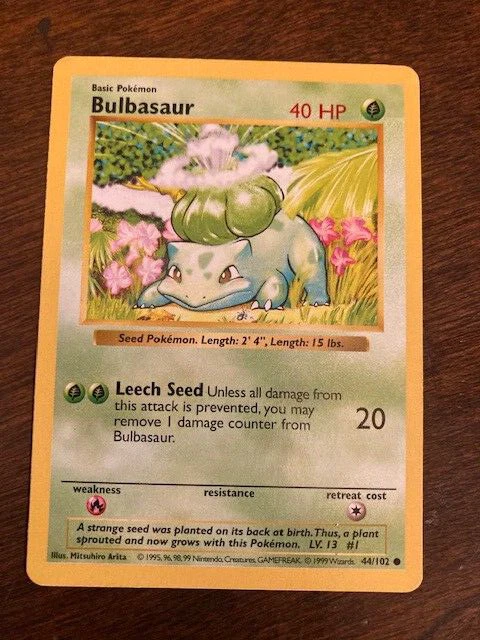 thumbnail image 2 of Pokemon Bulbasaur 44/102 – Base Set Unlimited – WOTC 1999 – Holo – Moderately Played 2 of 5