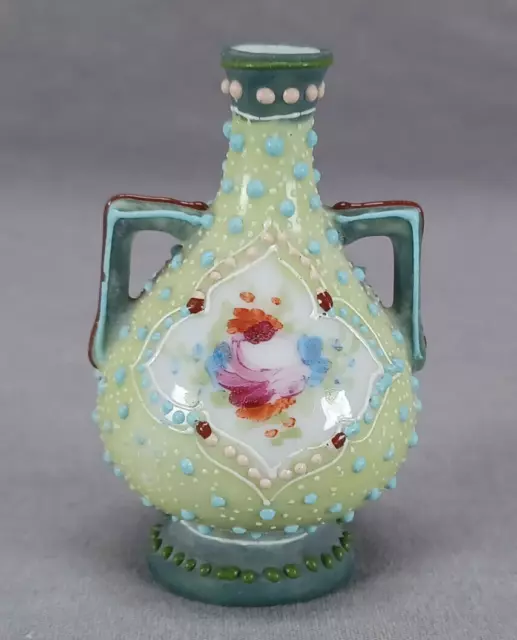 Nippon Hand Painted Floral & Raised Enamel Miniature 2 3/4 Inch Green Vase