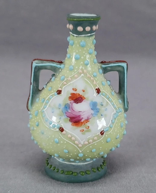 Nippon Hand Painted Floral & Raised Enamel Miniature 2 3/4 Inch Green Vase