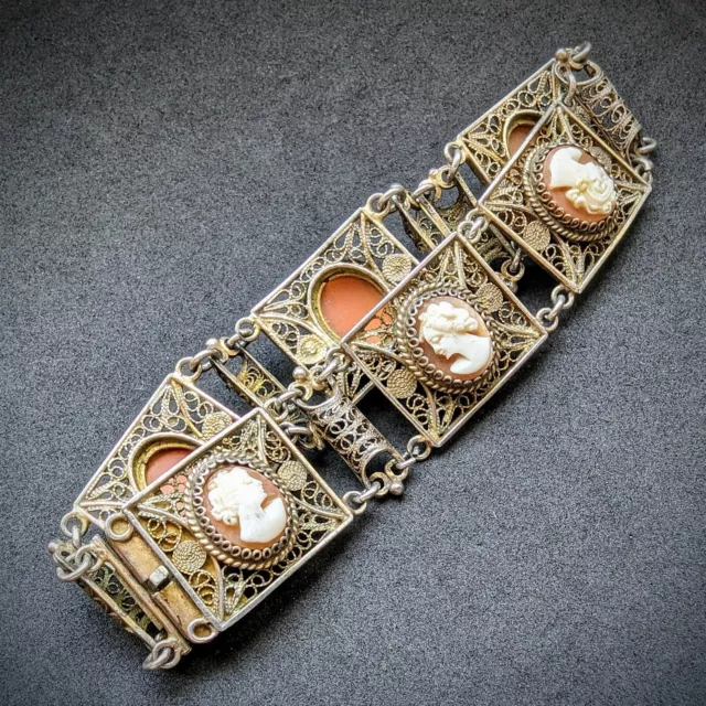 Altes Armband Filigran Silber 800 vergoldet Gemme Frauen Kopf