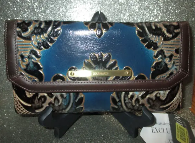 BRAHMIN Navy & Brown Fresco Leather Tri-fold Wallet w/Checkbook Cover NWT