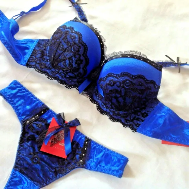 SEXY ROYAL BLUE Black Push Up Bra Set Lace Lingerie Bra & Thong Ladies  Underwear £9.99 - PicClick UK