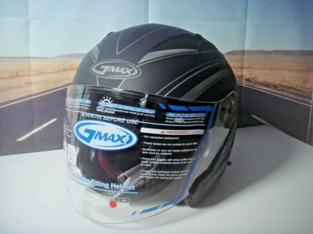 Motorcycle Helmet Flat Black/Silver Gmax OF77 Derk Open Face Sun Visor Small Y2