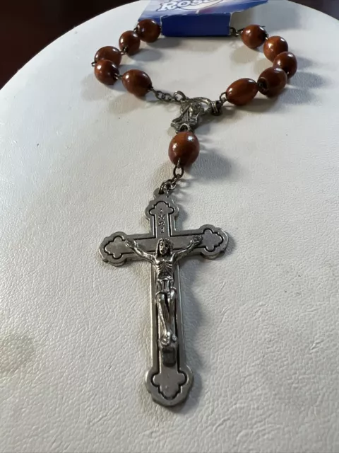 Vintage Auto Rosary Italy Silver Tone Olive Wood Prayer Beads Crucifix Cross