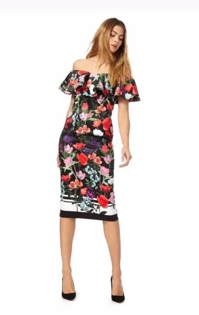 Debenhams Debut Floral Print Bardot Satin Evening Dress - Size 10 - BNWT £130