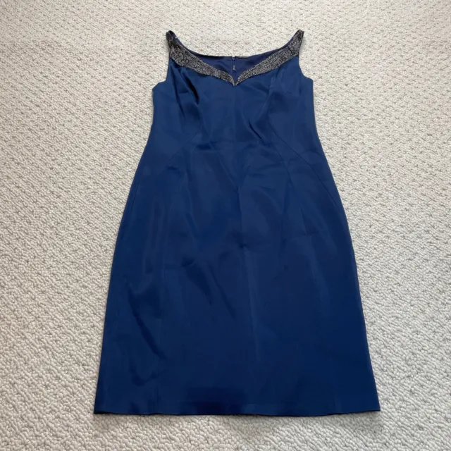 Elie Tahari Shift Dress Womens 8 Blue Sleeveless Midi Zip Designer Beaded Neck