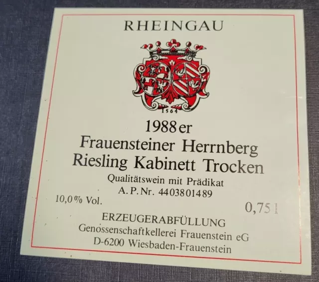 Weinetikett 1988er  Frauensteiner Herrnberg Riesling Kabinett Trocken RHEINGAU