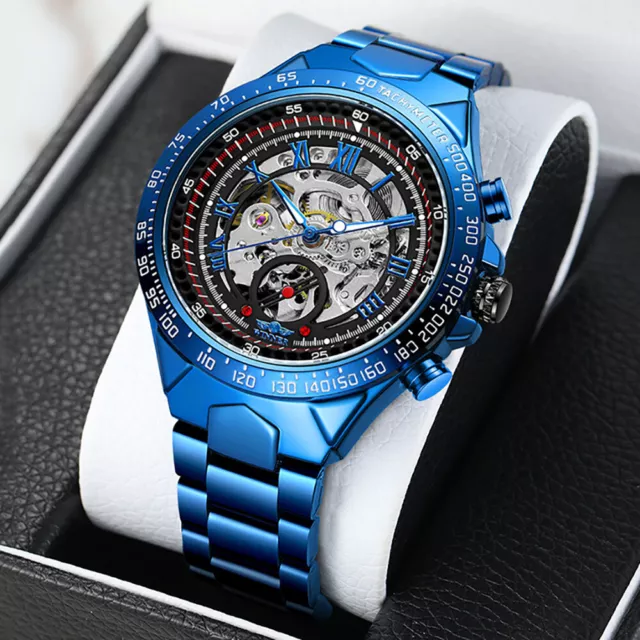 Men's Stainless Steel Watch Luxury Skeleton Automatic Mechanical Watches WINNER