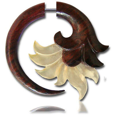 Pair Sono Wood Fake Cheater Plugs Carved Shell Spirals Tribal 2" 1/4 Inch Long