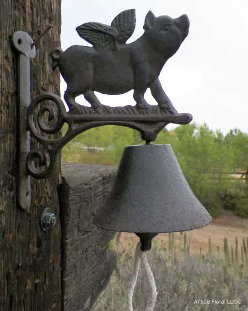 Pig with Wings Cast Iron Wall Mount Door Bell Outdoor Home Decor Dinner Bell