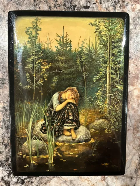 Beautiful Mstyera Russian Hand Painted Lacquer Box “Alyonushka with Dirty Feet”