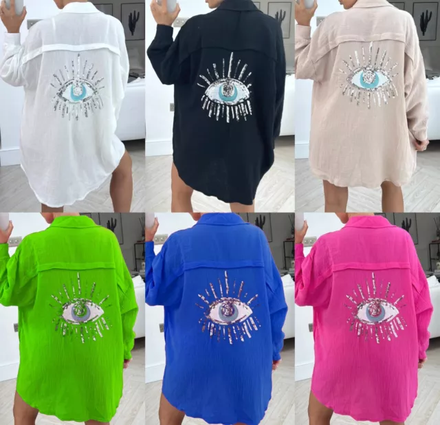 Womens Ladies Sequin Eye Button Up Oversized Summer Tunic Shirt Mini Dress Tops*