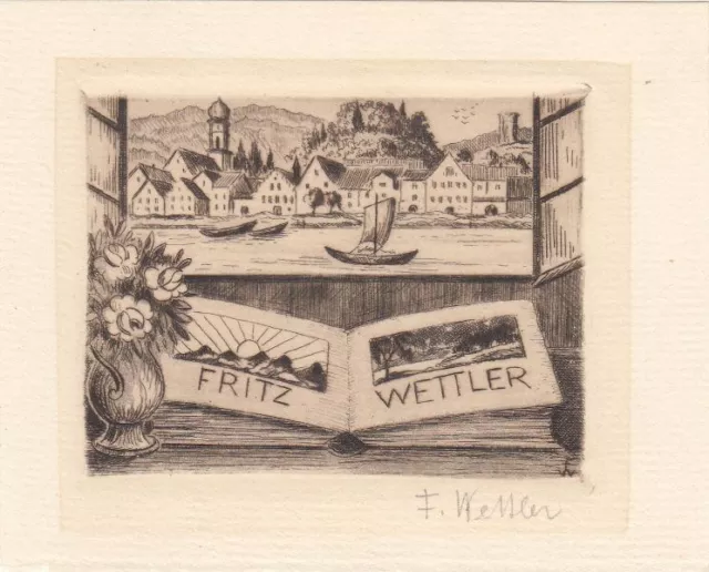 Exlibris Bookplate Radierung Fritz Wettler 1894-1974 Buch Rheineck Boote Ipse