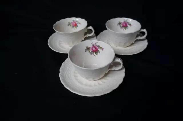 3 Copeland Spode Jewel Billingsley Rose Pink Cups and Saucers