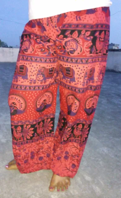 Alibaba-Harems Pantalón 38/40 Rojo Pierna Ancha Algodón Hecho India Lavable