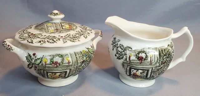 Johnson Brothers Merry Christmas Sugar Bowl with Lid and Creamer Pitcher Vintage