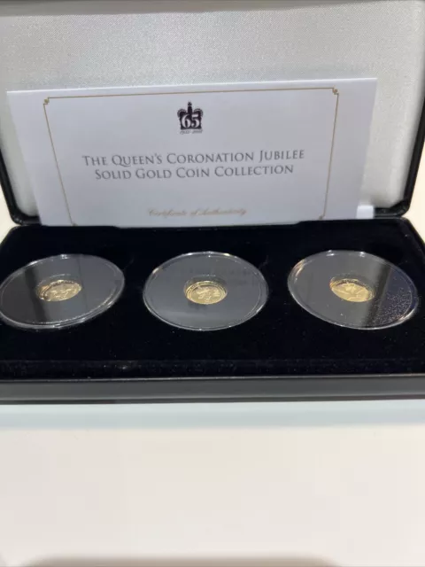 Rare 9ct Solid Gold Queen Elizabeth II Coronation 2018 3 Coin Set With COA