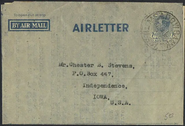 1945 KGVI 7d 'AIRLETTER' ASC #2 used in 1948 to the USA TS435