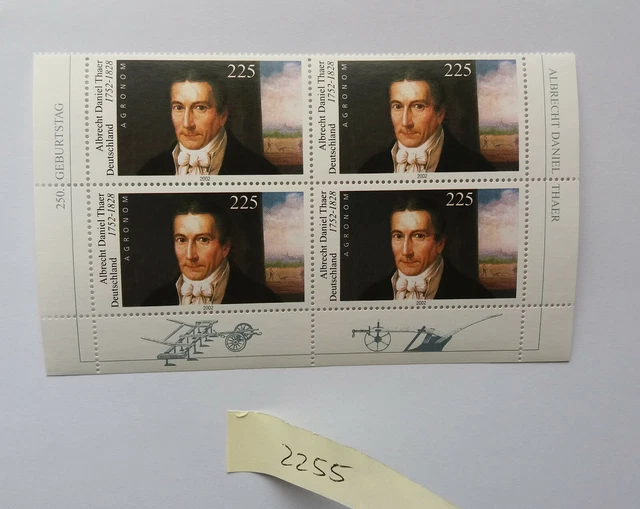 4 x BRD 2002 - MiNr.2255 - Albrecht Daniel Thaer - Rand unten - postfrisch
