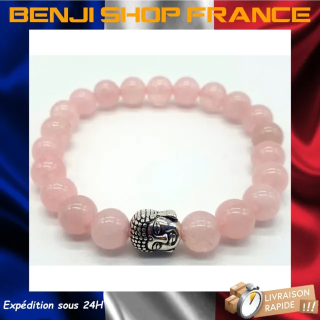 Bracelet Quartz Rose & Bouddha - Pierres naturelles - perles 8mm
