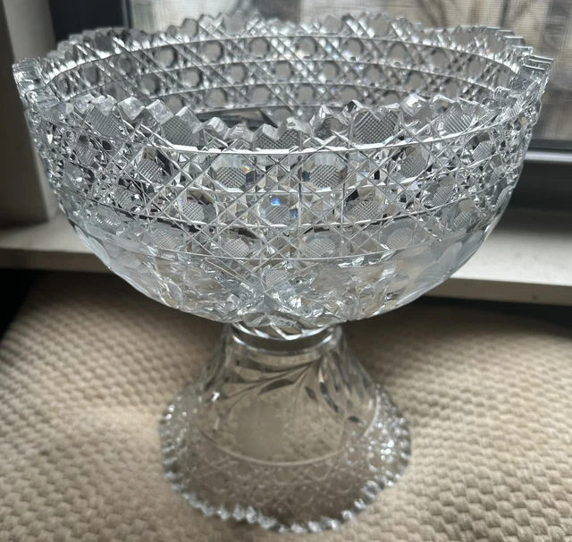 AMERICAN BRILLIANT CUT GLASS PUNCH BOWL & Pedestal ABP RAJAH BY PITKIN & BROOKS