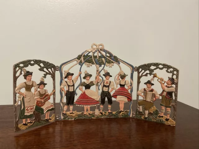 Vintage Kuhn Zinn German Enameled Pewter Miniature 3 Fold Screen Folk Scene Rare