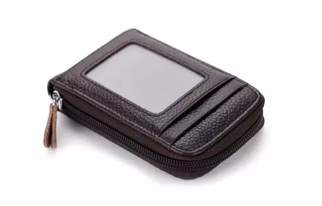 Men Genuine Leather RFID Blocking Thin Wallet Credit Card Holder Zipper Pocket 9