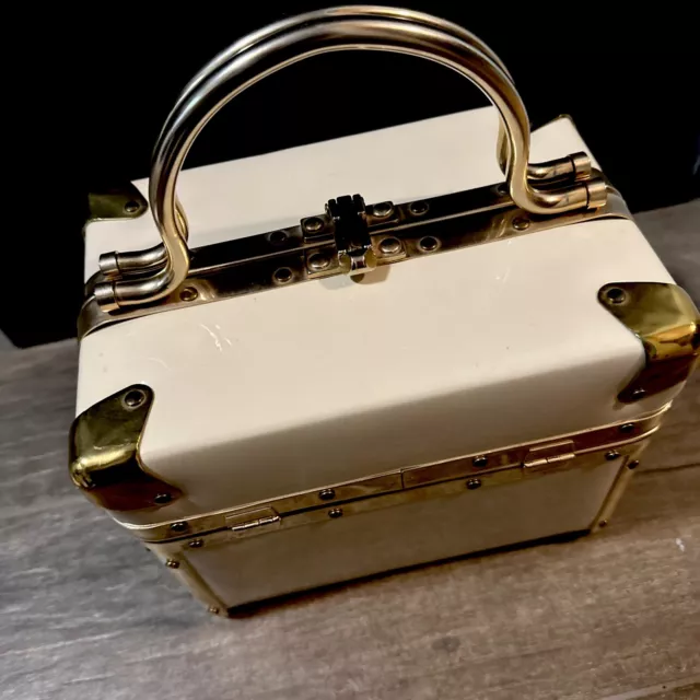 MCM DELILL GOLD Leather Train Case Box Purse Handbag Hollywood Regency ...