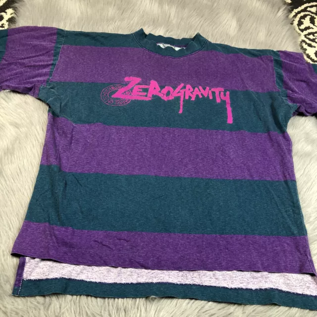 Vintage 80s Zero Gravity Purple Teal Striped Logo High Low T Shirt