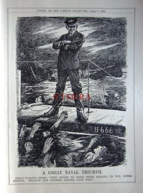 'A Great Naval Triumph' (U666 Sub Captain) 1915 WW1 Wartime Punch Cartoon Print