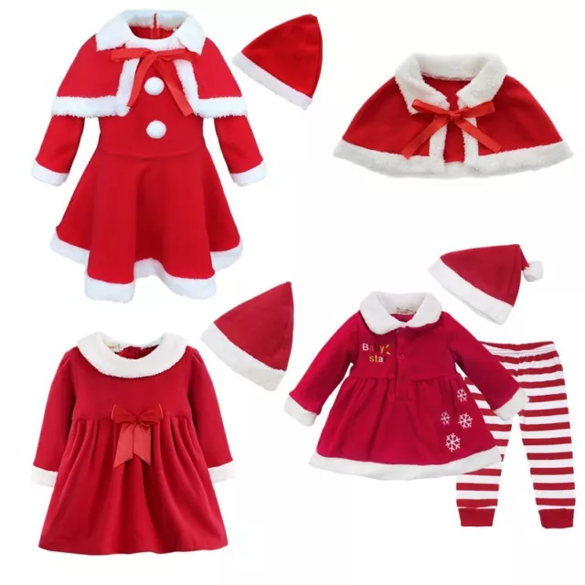 Toddler Baby Girls Christmas Costume Santa Claus Dress+Xmas Hat   Outfit Clothes 2