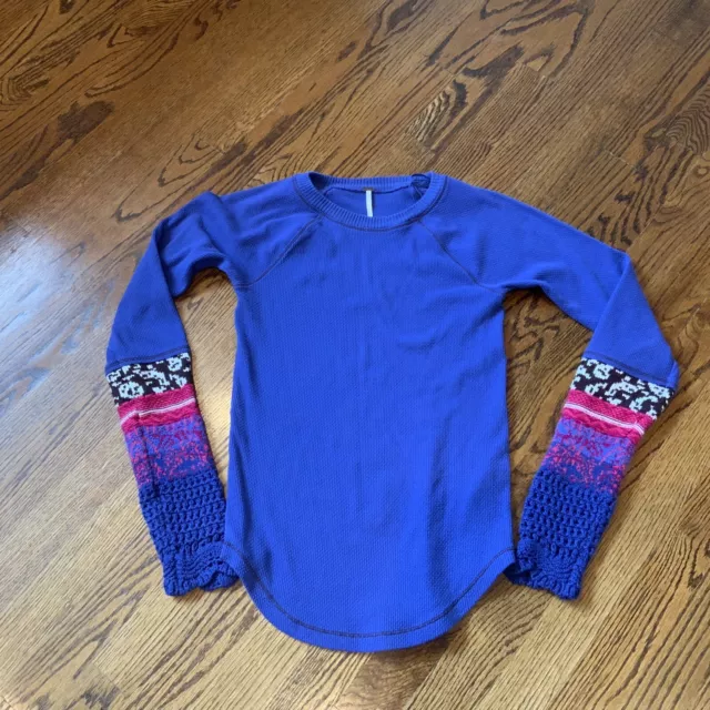 Free People In the Mix Thermal Top Sz S Women's Jacquard Cuff OB1203408 Blue