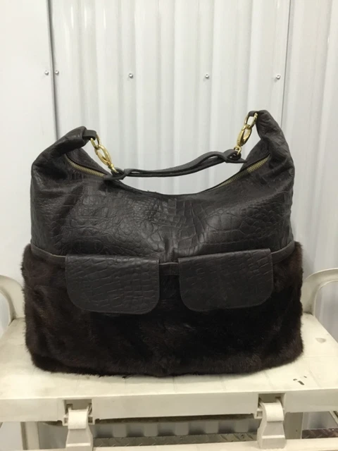 TERRIDA Large Croc Embossed Leather Tote Carry-On Bag Fur Brown
