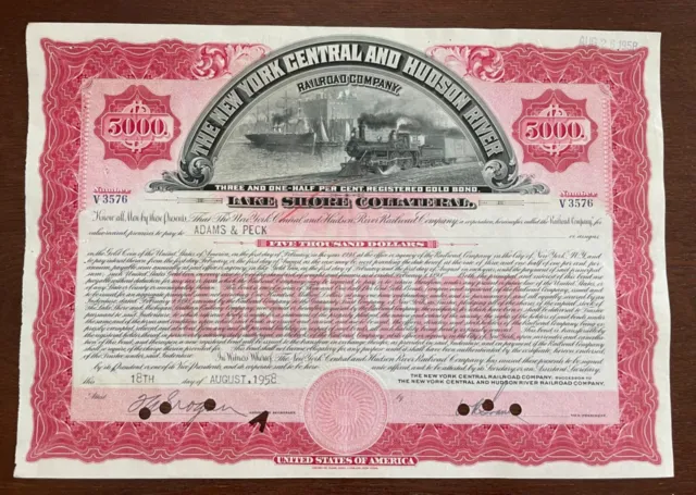 $5,000 New York Central & Hudson River Railroad Bond Certificate Lake Shore