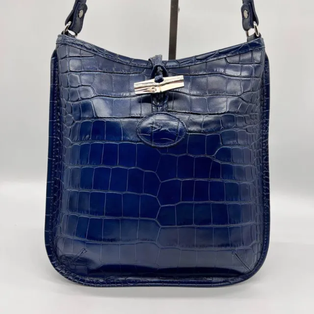 VINTAGE Longchamp Roseau Blue Croc Embossed Leather Crossbody Bag [Excellent]
