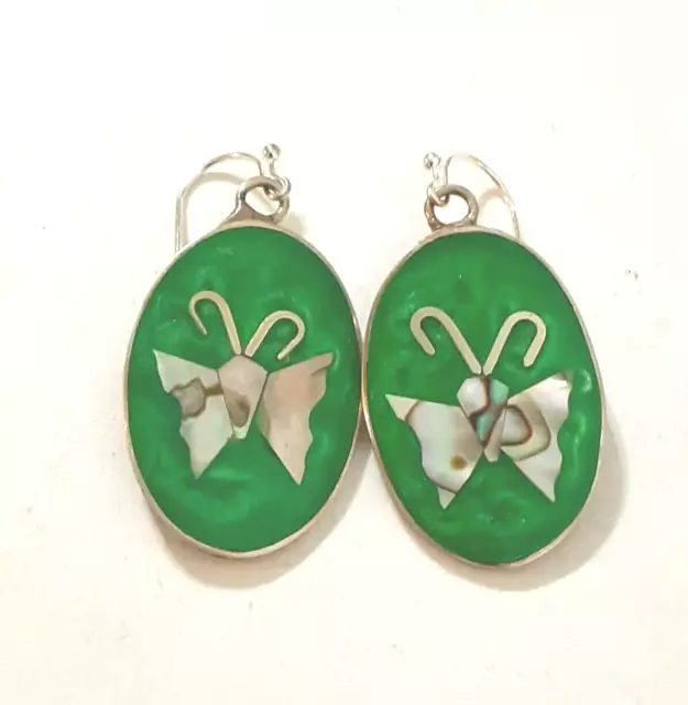 Vintage Alpaca Green Abalone Shell Butterfly Dangle Earrings