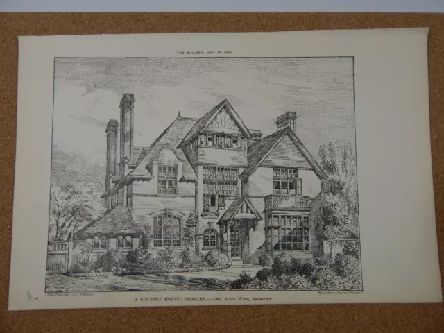 Antique Architects print Country house Bromley  Original print The Builder 1883