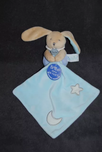 Doudou Lapin  Mouchoir Bleu BABYNAT BABY'NAT BN0137 Lune Etoile Luminescent