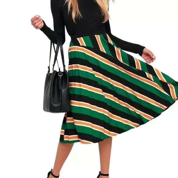 NWOT DO+BE Green Striped Pleated Midi Skirt, Size large