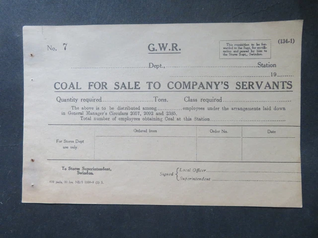 Vintage Unused GWR Coal for Sale to Company's Servants