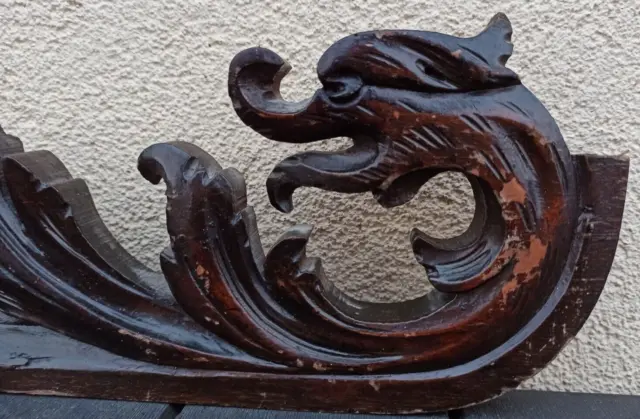 13"  Antique French Wood Carved Oak Gothic Dragon Pediment Architectural 3